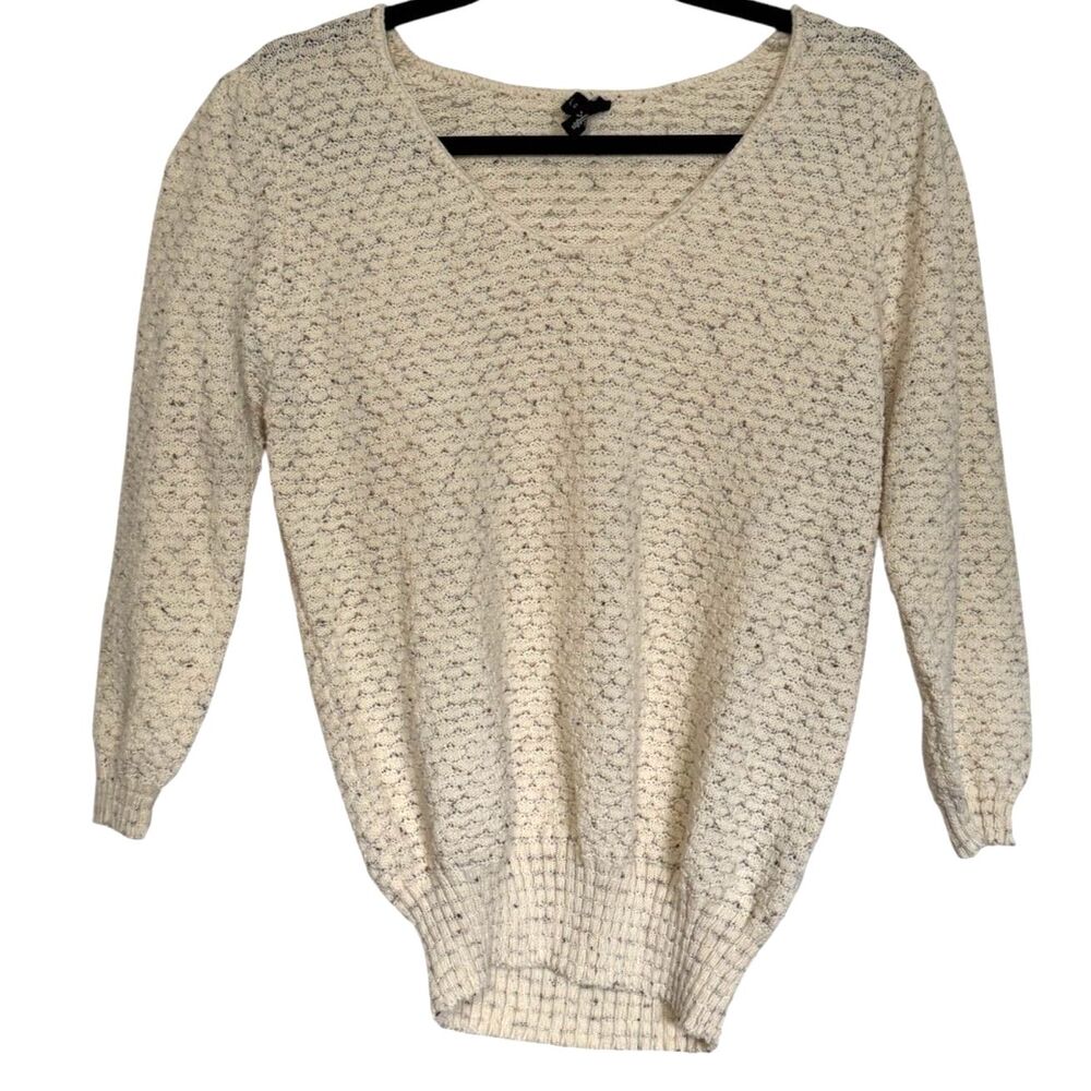 Knot Sisters Cream Textured Knit Sweater V-Neck Speckled Cozy Boho Size M EUC